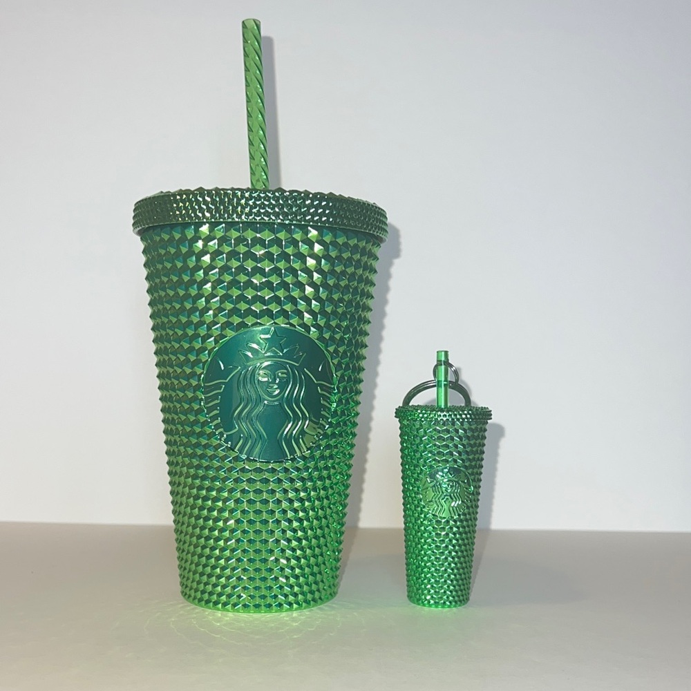 Starbucks 2023 Winter Metallic Green Bling Studded Tumbler Matching Keychain